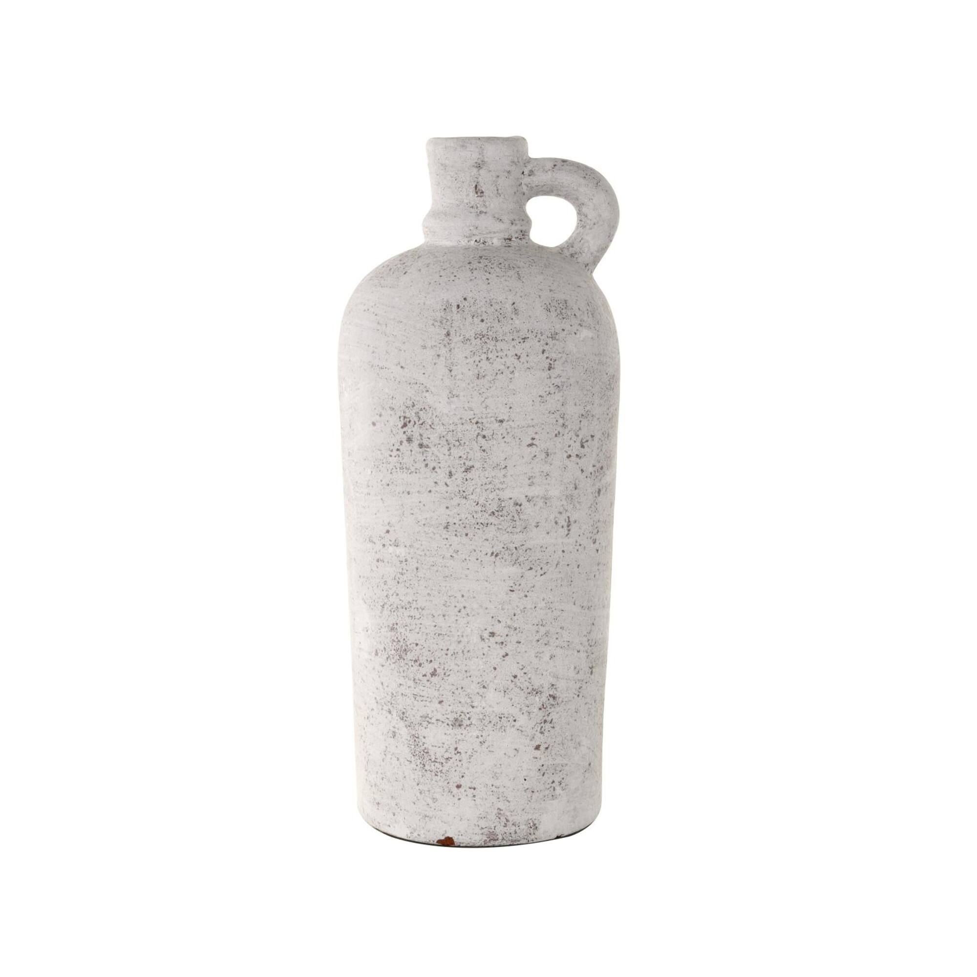 22" Cream Ceramic Antique Style Textured Vase with Curved Handle